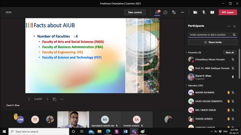 Freshman Student Orientation of AIUB held in the Microsoft Teams Online Platform