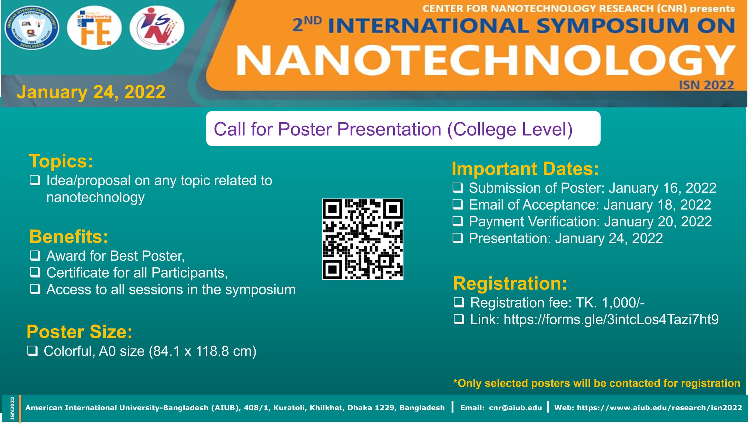 International Symposium on Nanotechnology (ISN2022) Call for poster college level